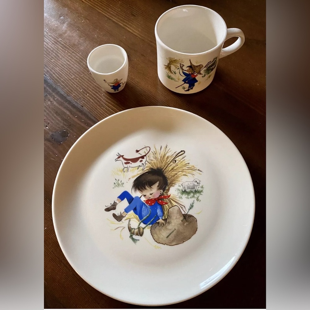 Vtg. Arklow Little Boy Blue Plate Mug Creamer Nursery Ireland Pickard USA 1960s